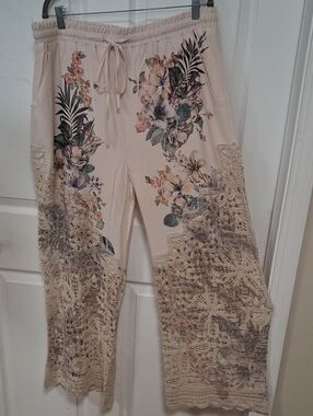 Boho Floral Crochet-Trim Wide Leg Pants - Cream